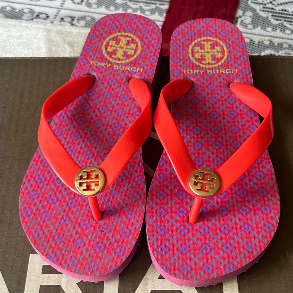 Tory Burch Red and Pink Patterned Flip Flops